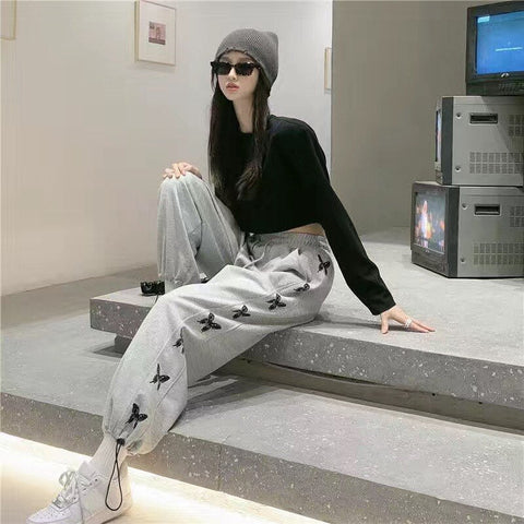 Loose sports pants drawstring pants autumn and winter high waist casual drawstring sports pants retro streetwear trousers women