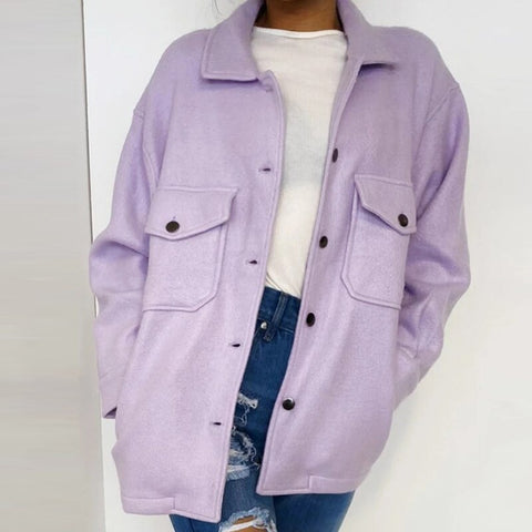 Women Single Breasted Turn-down Collar Wool Coat Casual Long Sleeve Button Pocket Outwear Female Solid Loose Streetwear Jacket