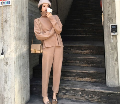 CBAFU autumn spring knitted tracksuit turtleneck sweatshirts women suit clothing 2 piece set knit pant female pants suit D226