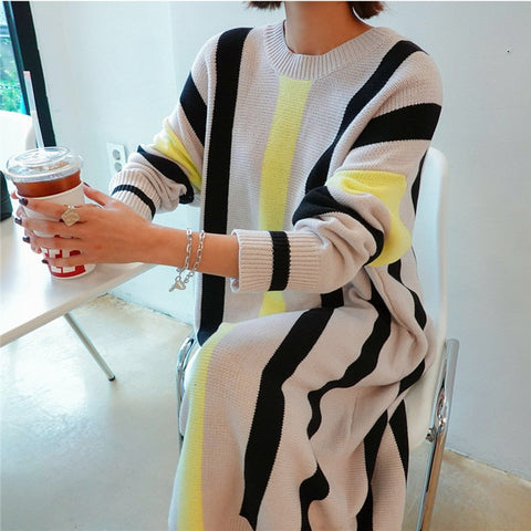 Autumn And Winter New Large Size Long Sweater Dress Women Loose Striped Knitted Sweater Korea Style Casual Knit Dresses