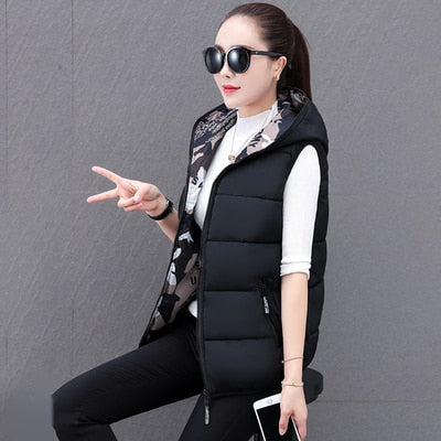 Camouflage Vest NEW Short Loose Waistcoat Down Cotton Jacket Outside Wear Autumn Winter Double-sided Thick Hooded Vest Women