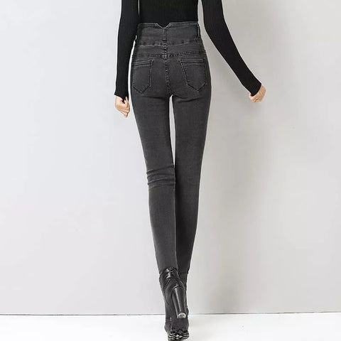 New High Waist Velvet Thick Jeans Female Winter Skinny Stretch Warm Jeans Pants Mom Black Denim Trousers With Fleece Pants P125