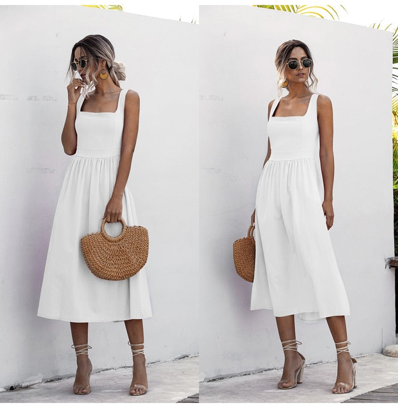 Long Dress For Women Sexy Backless Casual White Black Ruched Midi Sundresses Summer Spaghetti Strap Women's Dress Clothing