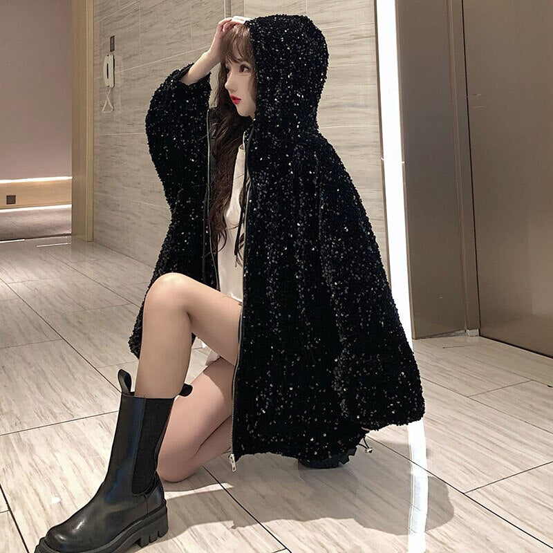 Outerwear Sequins Fashion Hooded Women Cotton Jacket Winter New Large Size Thick Loose Korean Women's Cotton Jacket JK244