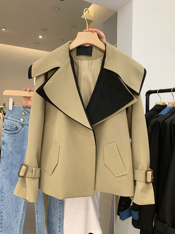 Women Vintage Trench New Lapel Long Sleeve Loose Fit Windbreaker Fashion Spring Autumn