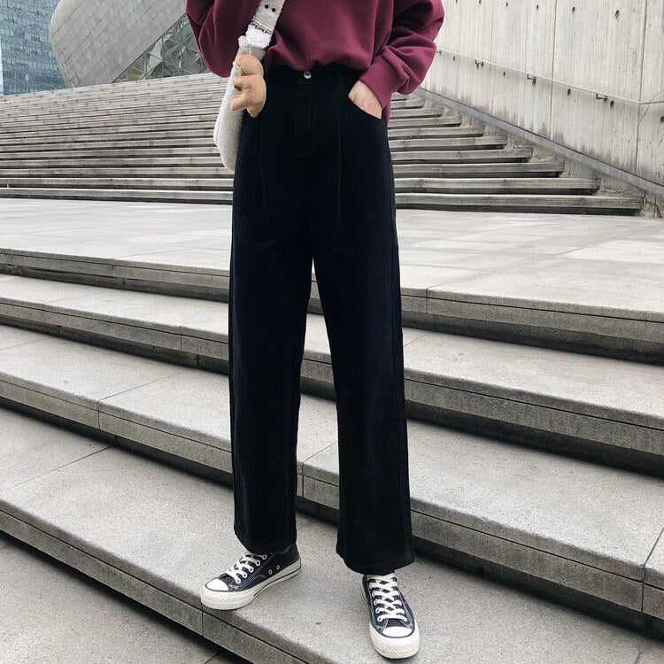 Loose Corduroy Pants Women Spring Wide Leg High Waist Trousers Autumn Casual Long Pants Harajuku Streetwear Beige Trousers