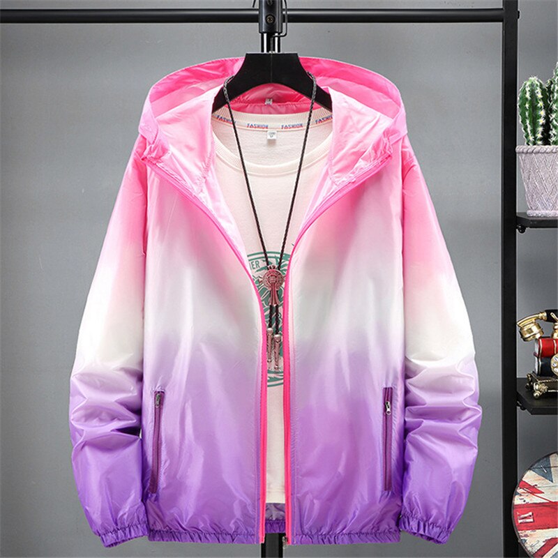 Jacket Women Ultra Thin Sunscreen Coat  Spring Summer New Fashion Gradient Orange Blue Pink Plus Size Loose Hooded Tops N852