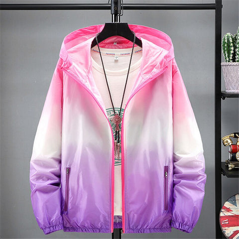 Jacket Women Ultra Thin Sunscreen Coat  Spring Summer New Fashion Gradient Orange Blue Pink Plus Size Loose Hooded Tops N852