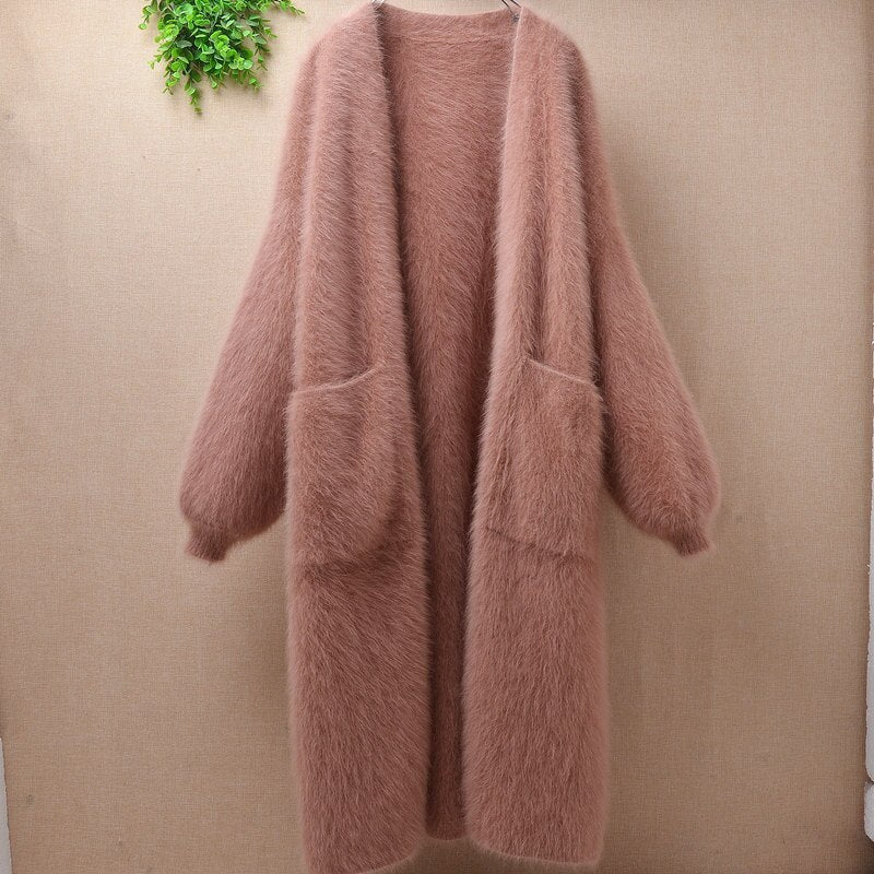 Elegant casual winter long loose brown thicken mink cashmere long lantern sleeves angora rabbit fur cardigan sweater coat wrap