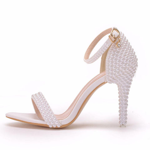 Crystal Queen Bride Wedding Shoes Fashion White Stiletto Woman Ankle Strap Party Dress Sandals Open Toe High Heels Pumps Female