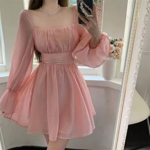 Pink Sweet Elegant Princess Dress Women Casual Korean Slim Long Sleeve Fairy Dress Female Backless Design Vintage Dress