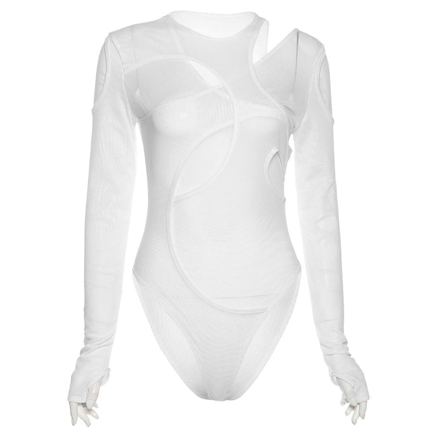 Solid Sexy Mesh See Through Irregular Hollow Bodysuit Women Fashion O-Neck Long Sleeves Stretch Club Party Lady Rompers