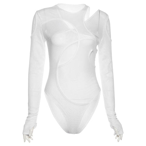 Solid Sexy Mesh See Through Irregular Hollow Bodysuit Women Fashion O-Neck Long Sleeves Stretch Club Party Lady Rompers