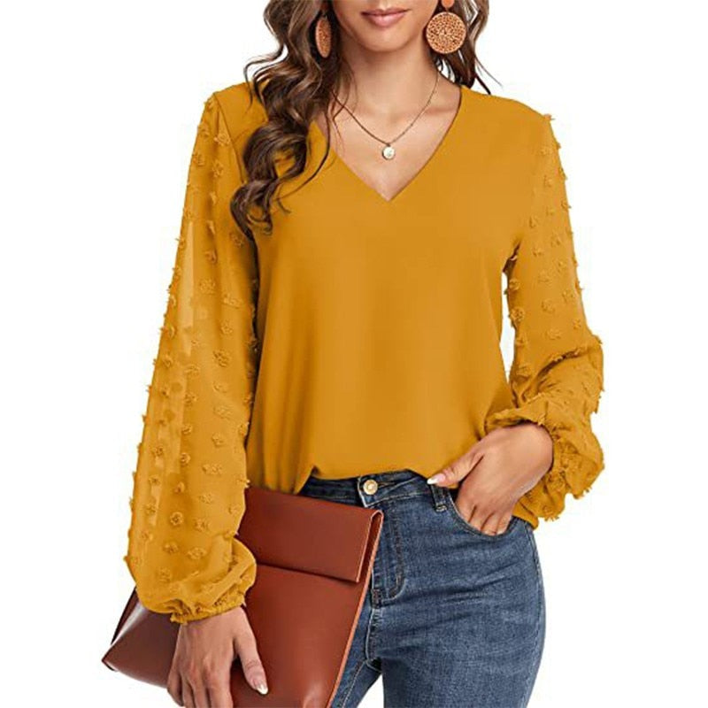 Solid Women Blouse Spring Fashion V Neck Long Sleeve Elegant Office Work Shirts Tops Lady Plus Size Casual Chiffon Blouses