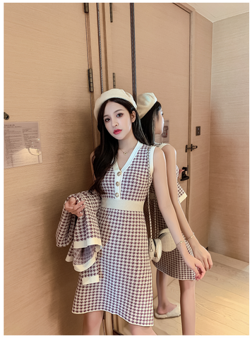 New  Autumn Winter Knitted 2 Piece Set Women Single-Breasted Houndstooth Cardigan Jacket Warm Sweater Coat+Knit Vest Dress