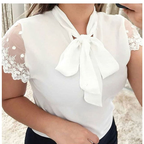 Pbong mid size graduation outfit romantic style teen swag clean girl ideas 90s latina aestheticS-5XL New  Lace Up Bow Tie Shirt Summer Lace Short Sleeve Solid Chiffon Casual Blouse Elegant Office Lady Blusas Woman Tops