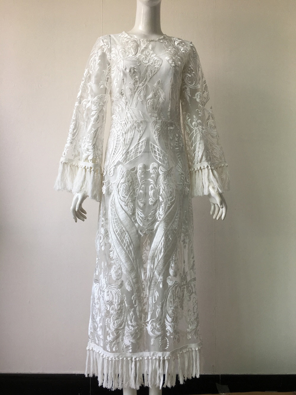 Boho Lace Solid White Perspective Thin Female The Dress Round Neck Embroidery Tassel Bilateral split  Women Dresses