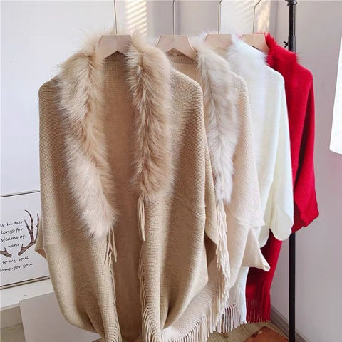 Fur Collar Winter Shawls And Wraps Bohemian Fringe Oversized Womens Winter Ponchos And Capes Batwing Sleeve Cardigan