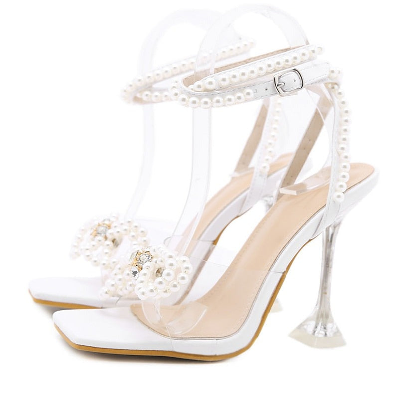 Sexy White String Bead High Heels Women Sandals Summer Gladiator Party Dress Buckles Pumps Shoes Size 35-42