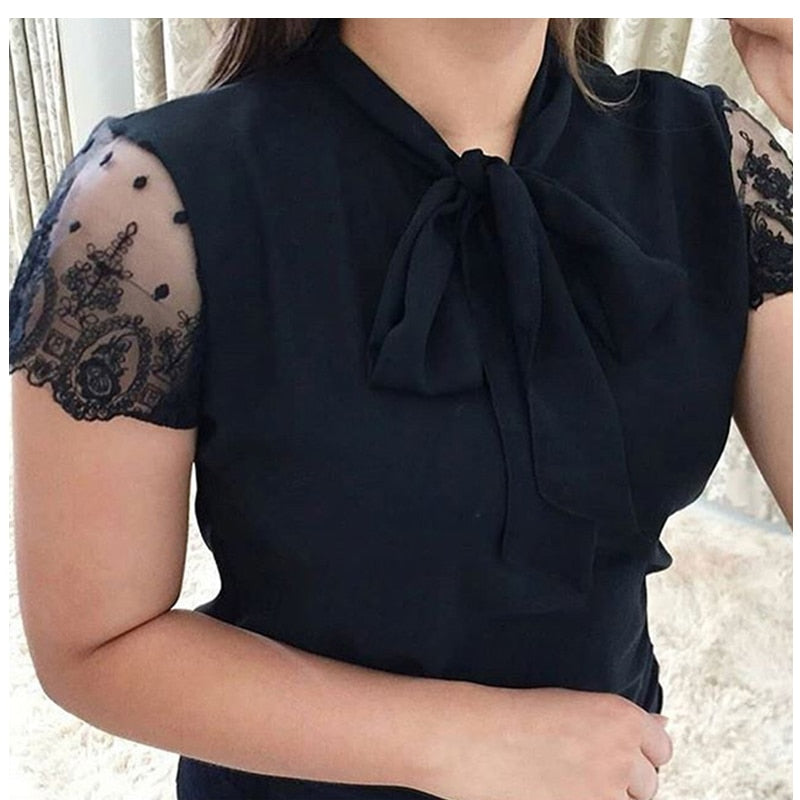 Pbong mid size graduation outfit romantic style teen swag clean girl ideas 90s latina aestheticS-5XL New  Lace Up Bow Tie Shirt Summer Lace Short Sleeve Solid Chiffon Casual Blouse Elegant Office Lady Blusas Woman Tops