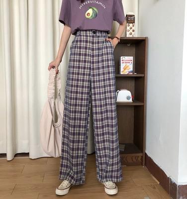 Simple Vintage Plaid Causal Long Women Pants Street Fashion Straight Wide Leg Pant