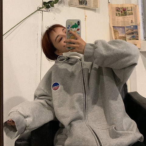 oversized zip up sweatshirt streetwear loose long-sleeved korean style jacket Autumn new zipper women tops black hoodie