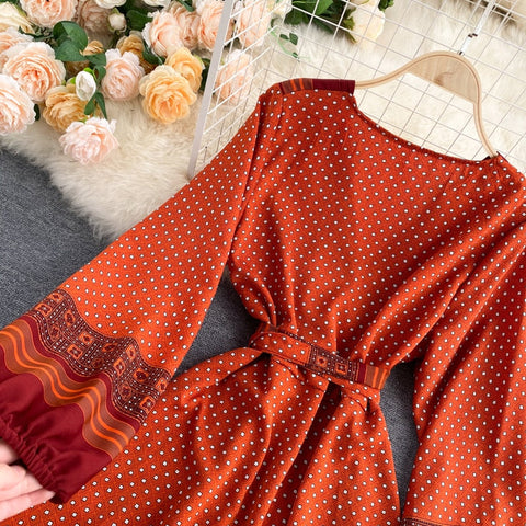 Spring Autumn Women Printed Long Dress Vintage Puff Long Sleeve High Waist A-Line Vestidos Female  New Fashion Beach Robe