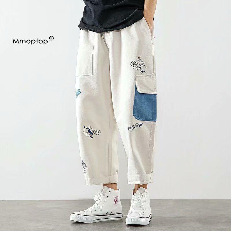 Graffiti jeans men's trendy brand loose straight Korean version of the trend of oversized overalls nine points on the sweatpants