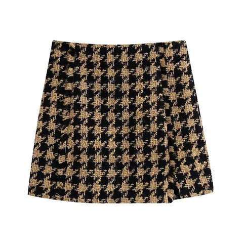 Tweed Women Two-piece Set Houndstooth Vintage Office Lady Short Blazer Female Casual Slim High Waist Skirt Suit