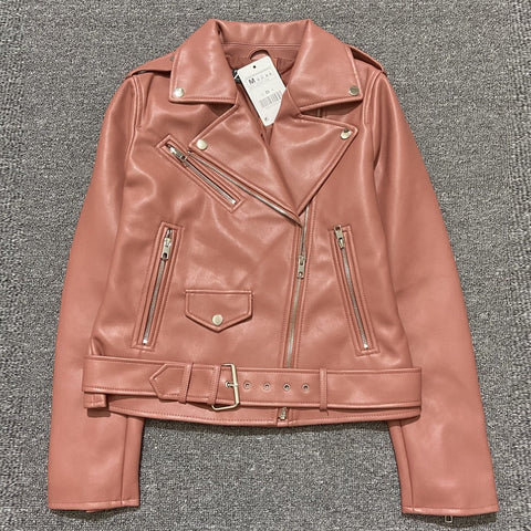 Spring Autumn Women Faux Leather Jacket Ladies Solid With Belt Zipper Biker Coat Female Casual Outwear