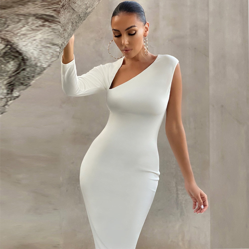 One Shoulder Midi Bandage Dress Christmas New Year White Bandage Dress Bodycon Women Sexy Party Dress Evening Outfits