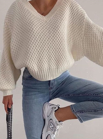 sweater fashion sexy v-neck loose women's top knitted milky white sweater womens knit sweaters  women clothing