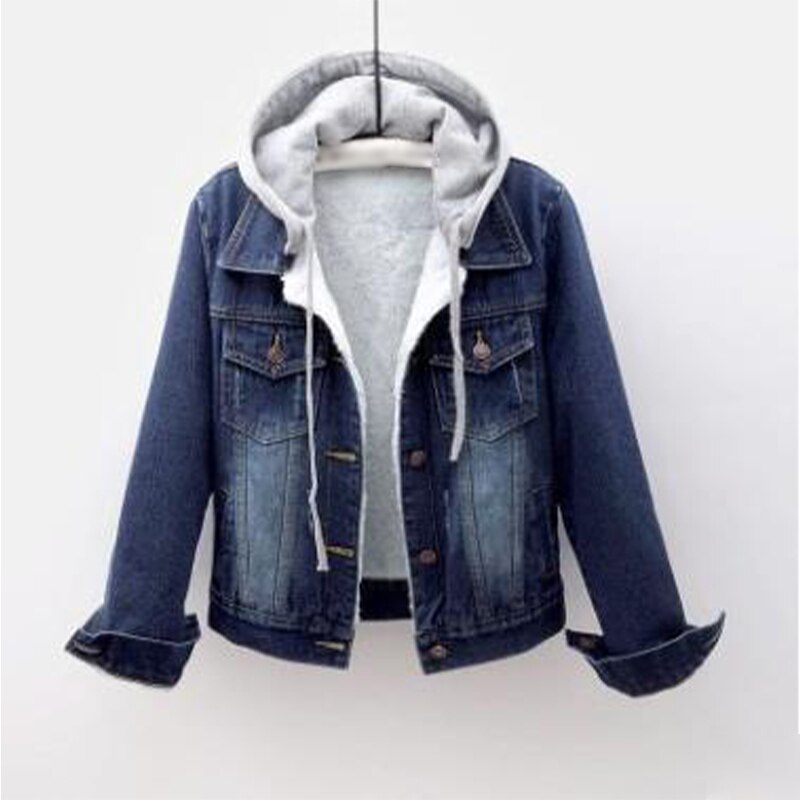 Thick Woolen Women's Jean Coats With Hood Parkas Female Velvet Warm Short Coat Ladies Winter Slim Denim Jackets Plus Size