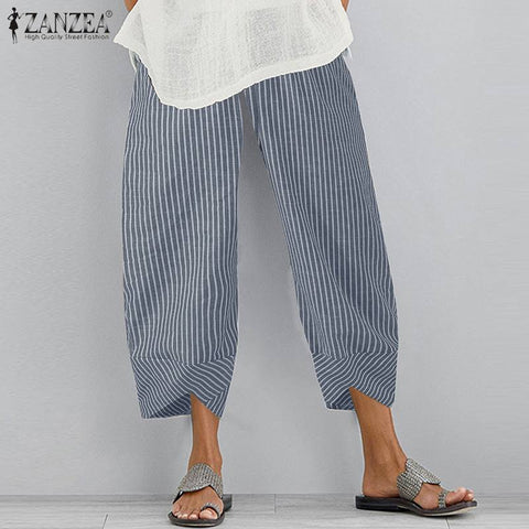 Vintage Women Cotton Linen Wide Leg Pants  Female Asymmetric Trousers Ladies Casual Loose Pockets Elastic Waist Pants