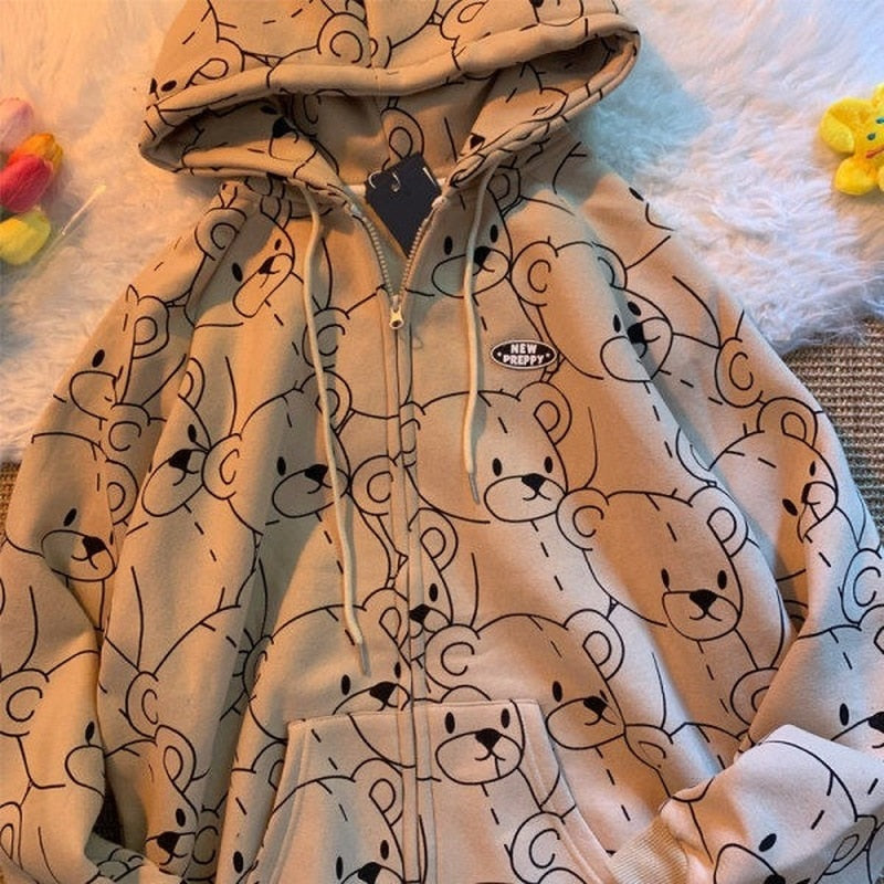 Pbong 12345-Lillte bear Cartoon Vintage Spring and summer Sweatshirt Women Korean Zip Up Hoodie Women Fashion Clothe Hoodies