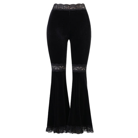 Sexy Fashion Patchwork Lace Solid Flare Pants Women Gothic Dark High Waist Loose Trousers New Street Suede Pants