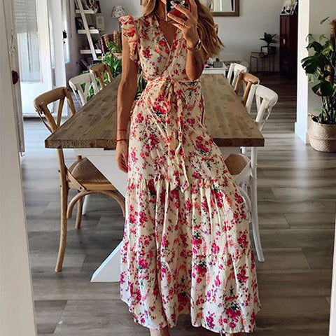 Sexy Women V Neck Party Dresses Vintage Printed Boho Long Dresses Elegant Flying Sleeve Fashion Sexy Slim Maxi Dress Mujer