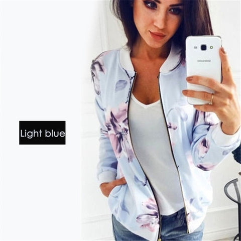 Women Floral Jackets Spring Summer Long Sleeve  Zipper Print Bomber Jacket Casual Pocket Slim Female Fashion Outwears Plus Size