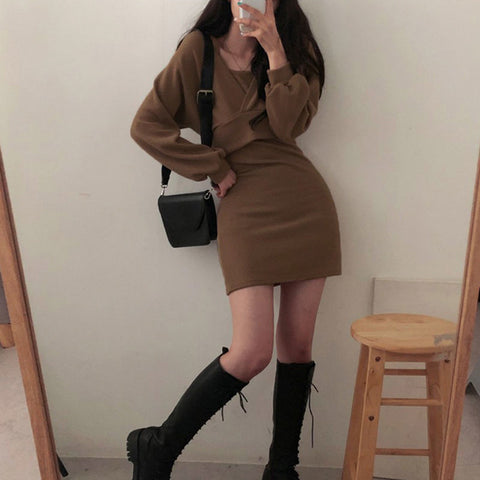 Sexy Solid Knitted Mini Dress Women Two Piece Set Skinny Dresses and Long Sleeve Knitted Cardigan Harajuku Dress Vestidos