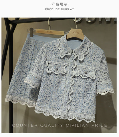 Summer Fashion Designer Runway Lace 2 Piece Set Women Blue Hollow Out Shirt Top+High Waist A-Line Sweet Skirt Hook Flower Set