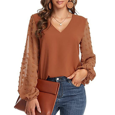 Solid Women Blouse Spring Fashion V Neck Long Sleeve Elegant Office Work Shirts Tops Lady Plus Size Casual Chiffon Blouses