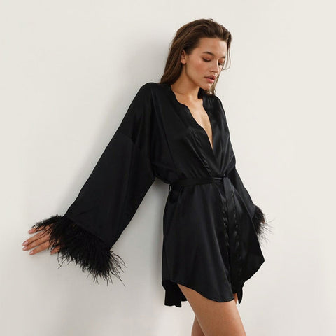 Feather Bathrobes Satin Sexy Mini Dress Long Sleeve Loose For Women Robe White Wedding Dress Black Bride Dresses