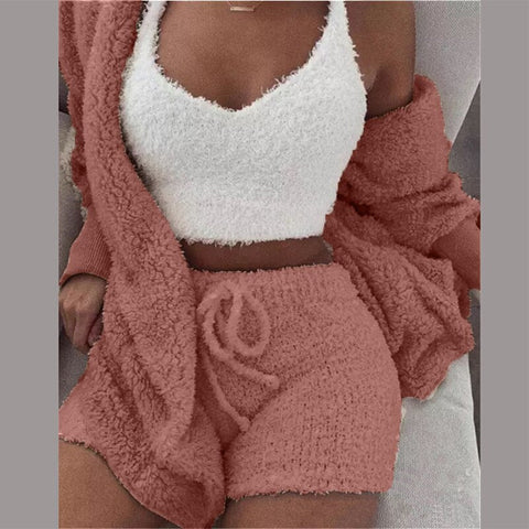 Three Piece Sexy Fluffy Outfits Plush Velvet Hooded Cardigan Coat+Shorts+Crop Top Women Tracksuit Sets Casual Sports Sweatshirt