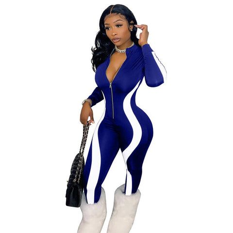 Fitness Sportwear Rompers Women Casual Stripe Patchwork Long Sleeve Zippes V Neck Workout Jumpsuit Outfit One Piece Overalls