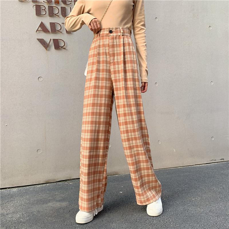 Simple Vintage Plaid Causal Long Women Pants Street Fashion Straight Wide Leg Pant