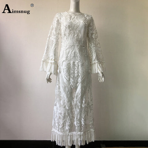 Boho Lace Solid White Perspective Thin Female The Dress Round Neck Embroidery Tassel Bilateral split  Women Dresses