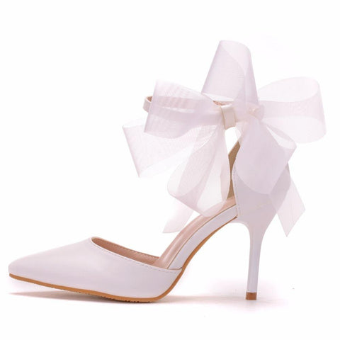 Crystal Queen Woman Satin Stiletto Elegant Ankle Strap Party Bow-knot Sandals Sexy High Heels White Wedding Shoes