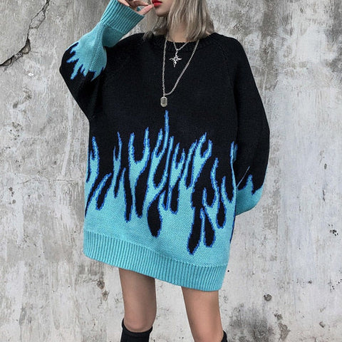 new sweater female hip-hop style flame jacquard women's sweater traf couple pullover knit top loose men's sweater