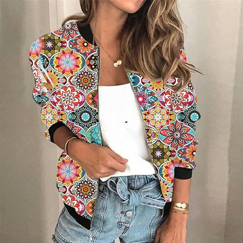 Autumn Vintage Floral Print Female Casual Coat New Fashion Zipper Women's Jacket Outerwear Streetwear Female Casual Streetwears