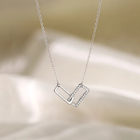 New 925 Sterling Silver Geometric Necklace Shiny Rectangle Pendant Set with Cubic Zirconia Necklace for Girls Fine Jewelry NK064